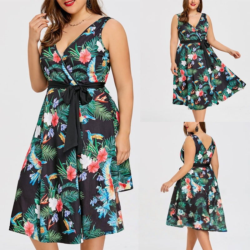 New Women's Sexy V-Neck Sleeveless Printed Dress — High-Waisted, Tie-Waist, Slimming Design — Chic Summer Mini Dress