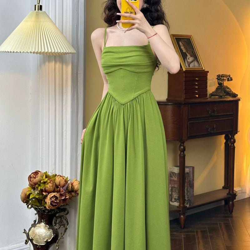 Green Off-Shoulder Waist-Cinching Maxi Dress | Spaghetti-Strap Ruched Fishtail Gown | Elegant Formal Evening Dress | Summer Wedding Guest Attire
