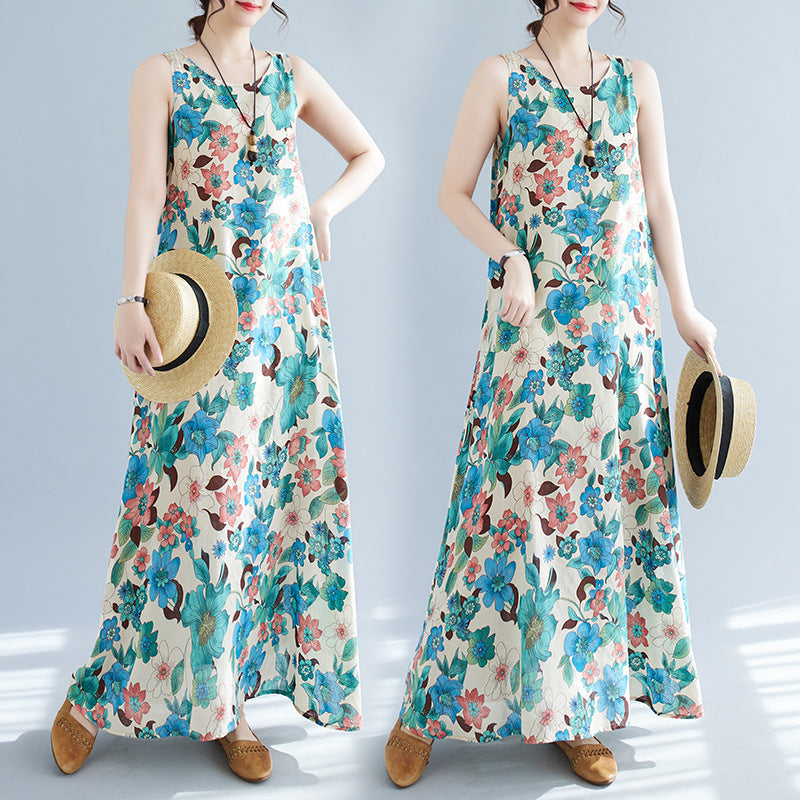 New French-Style Floral Midi Dress | Long-Sleeve, Shirt-Collar Maxi Dress with Designer Flair | Elegantly Casual Bohemian Style | Washable—Perfect for Summer Beach Parties