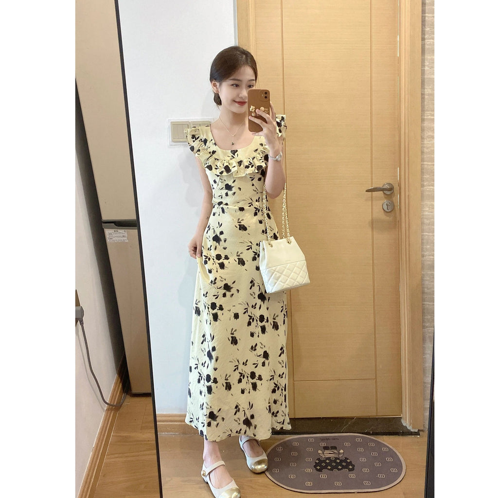Women's Vintage-Chic Square-Neck Dress — Summer French-Style Tea Dress with Flutter Sleeves, Waist-Cinching Design, and Ditsy Floral Print