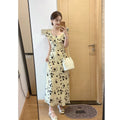 Women's Vintage-Chic Square-Neck Dress — Summer French-Style Tea Dress with Flutter Sleeves, Waist-Cinching Design, and Ditsy Floral Print