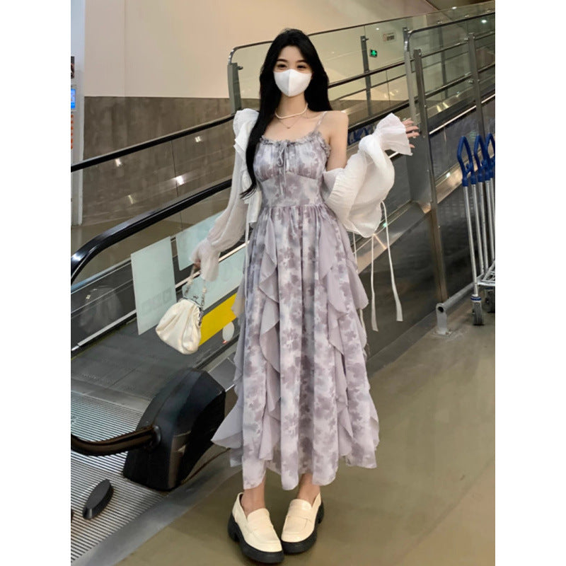 Premium Women's Summer Resort-Style Dress — Printed, Sexy Spaghetti-Strap Gown. Crafted from "Oil Painting" Floral Chiffon, it exudes an ethereal, fairy-like aura with a cool, sophisticated elegance.