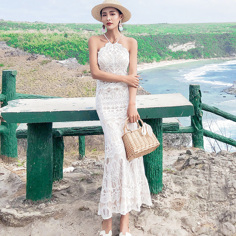 Women's Beach Dress — Slimming, Sexy, Backless, and Strappy Lace Fishtail Dress for Seaside Vacations and Island Getaways