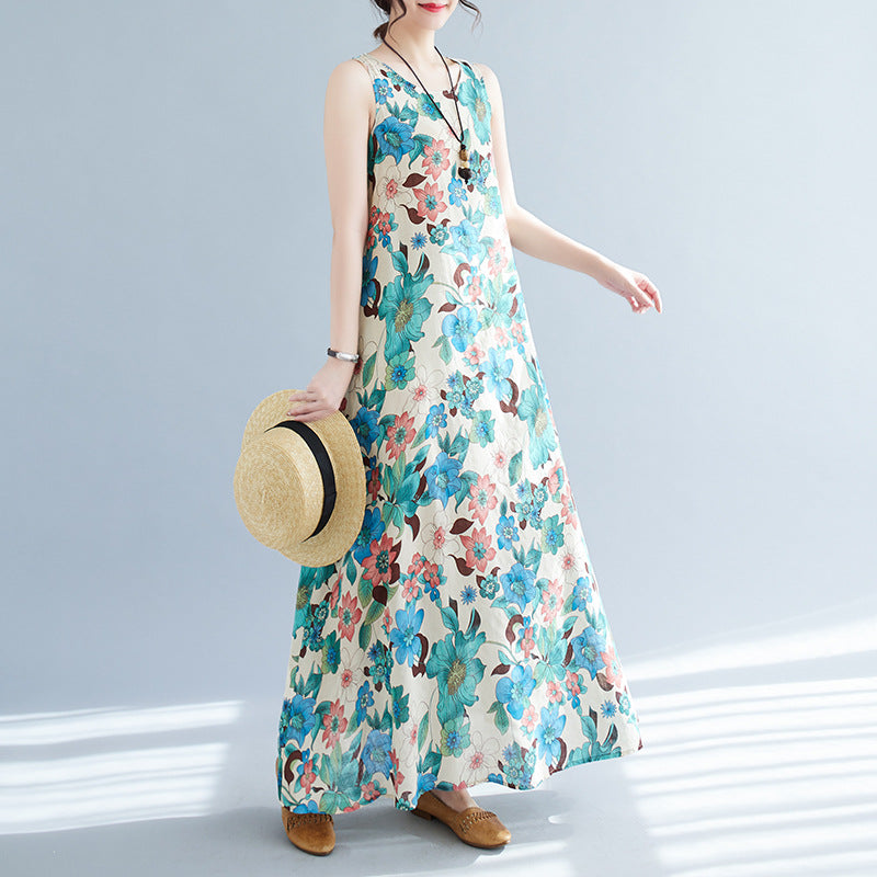 New French-Style Floral Midi Dress | Long-Sleeve, Shirt-Collar Maxi Dress with Designer Flair | Elegantly Casual Bohemian Style | Washable—Perfect for Summer Beach Parties