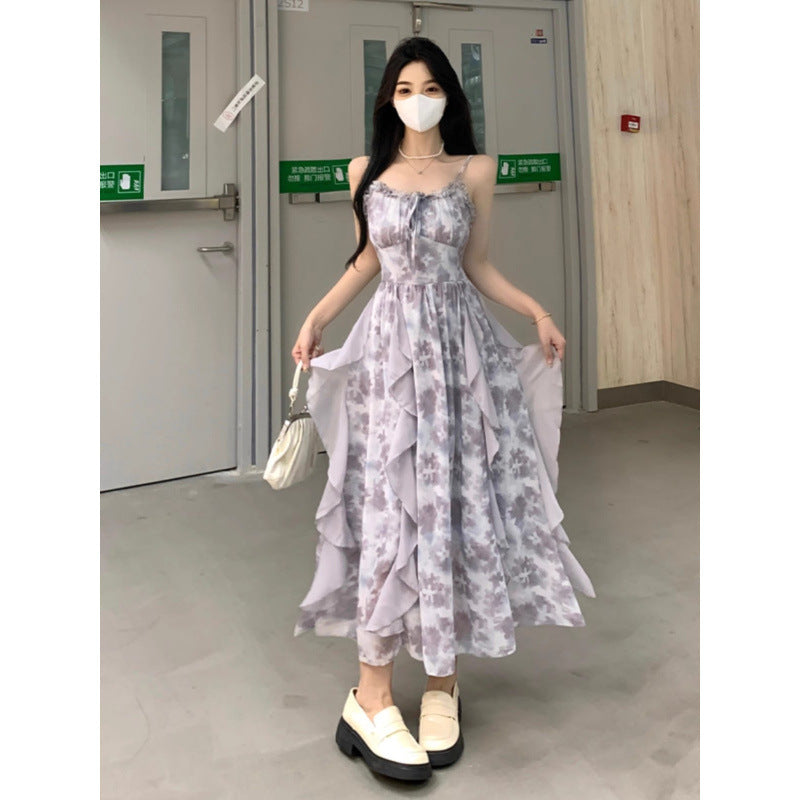 Premium Women's Summer Resort-Style Dress — Printed, Sexy Spaghetti-Strap Gown. Crafted from "Oil Painting" Floral Chiffon, it exudes an ethereal, fairy-like aura with a cool, sophisticated elegance.