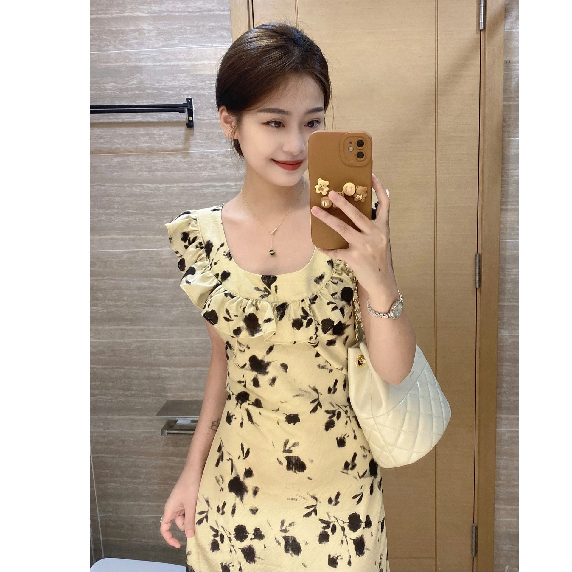 Women's Vintage-Chic Square-Neck Dress — Summer French-Style Tea Dress with Flutter Sleeves, Waist-Cinching Design, and Ditsy Floral Print