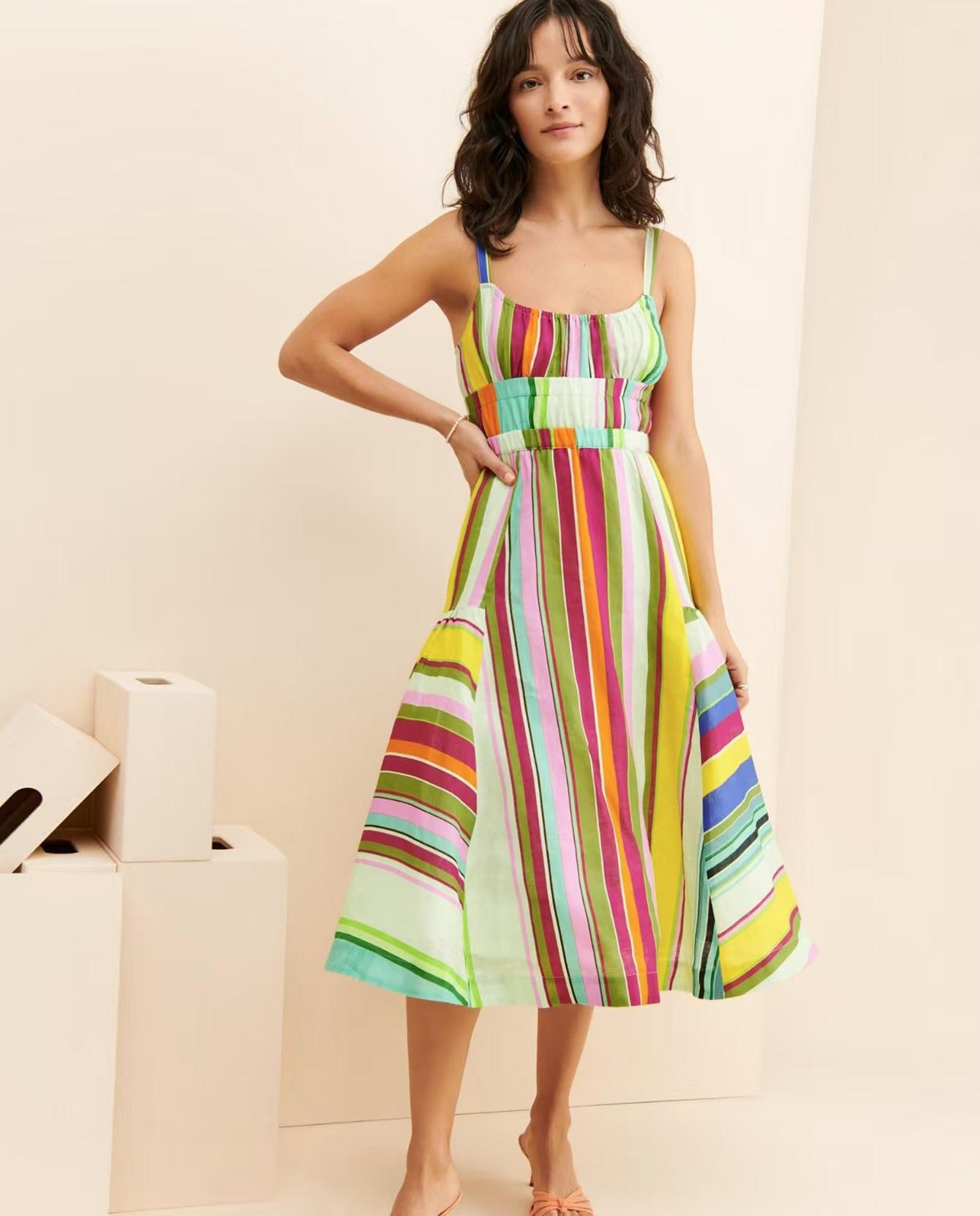 Women's Elegant Striped Sleeveless Maxi Dress – A-Line Silhouette, Floor-Length – Plus Size Washable Summer Casual