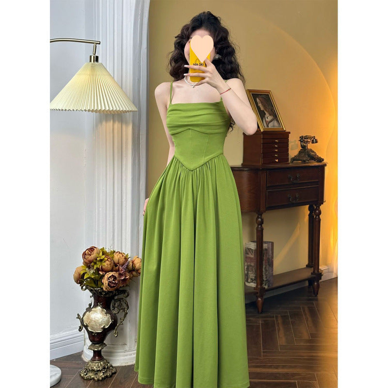 Green Off-Shoulder Waist-Cinching Maxi Dress | Spaghetti-Strap Ruched Fishtail Gown | Elegant Formal Evening Dress | Summer Wedding Guest Attire