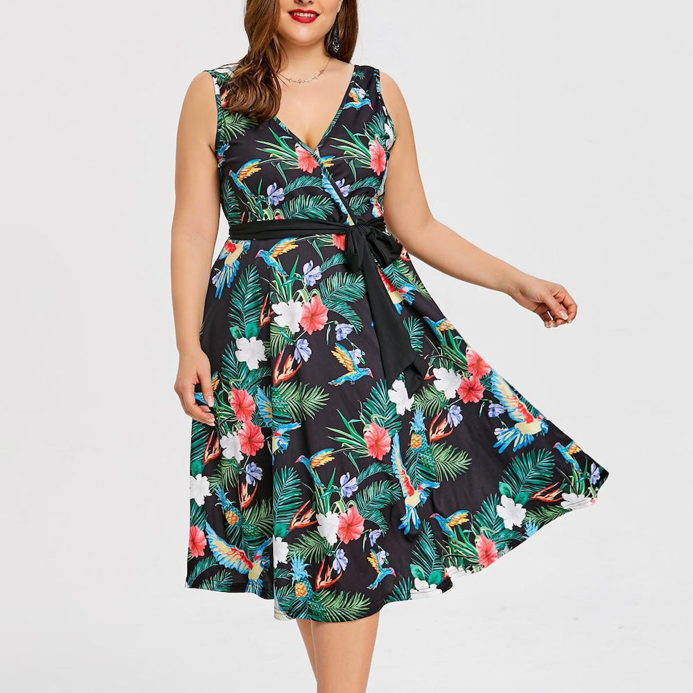 New Women's Sexy V-Neck Sleeveless Printed Dress — High-Waisted, Tie-Waist, Slimming Design — Chic Summer Mini Dress