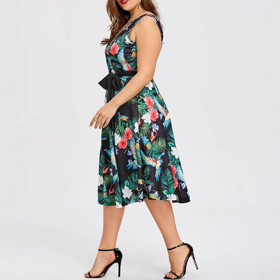 New Women's Sexy V-Neck Sleeveless Printed Dress — High-Waisted, Tie-Waist, Slimming Design — Chic Summer Mini Dress