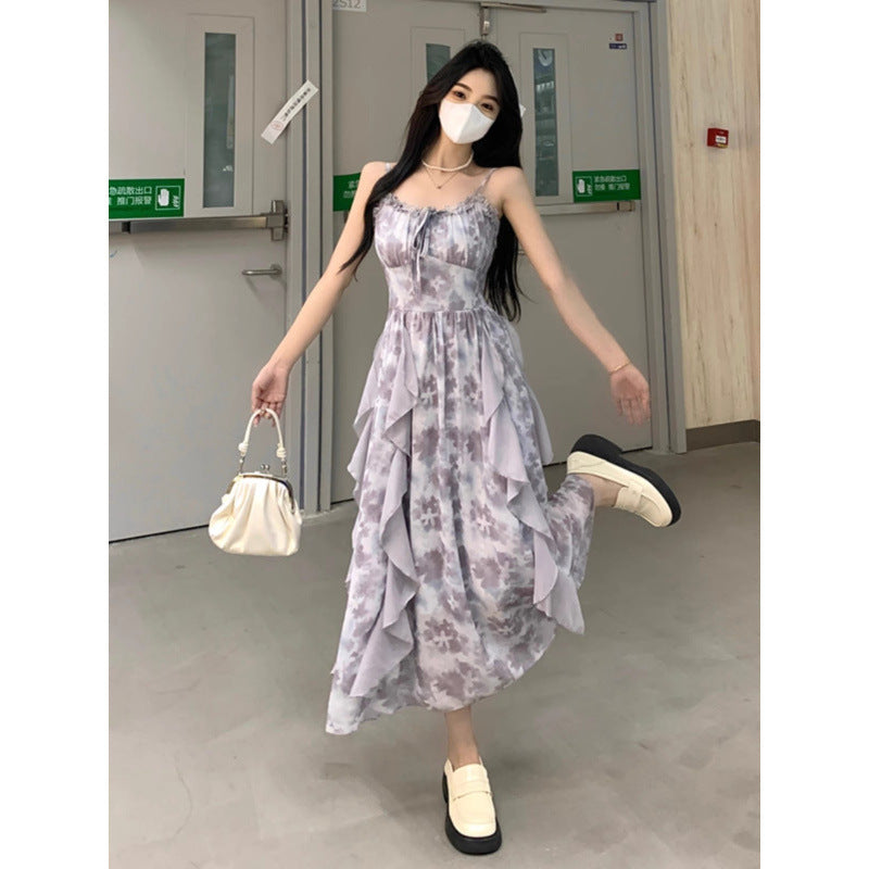 Premium Women's Summer Resort-Style Dress — Printed, Sexy Spaghetti-Strap Gown. Crafted from "Oil Painting" Floral Chiffon, it exudes an ethereal, fairy-like aura with a cool, sophisticated elegance.