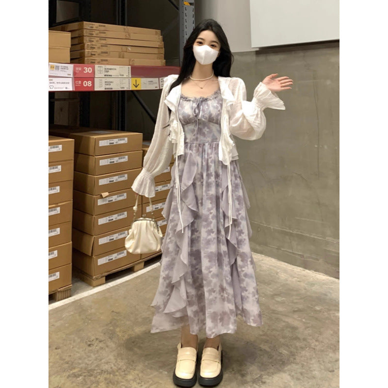 Premium Women's Summer Resort-Style Dress — Printed, Sexy Spaghetti-Strap Gown. Crafted from "Oil Painting" Floral Chiffon, it exudes an ethereal, fairy-like aura with a cool, sophisticated elegance.