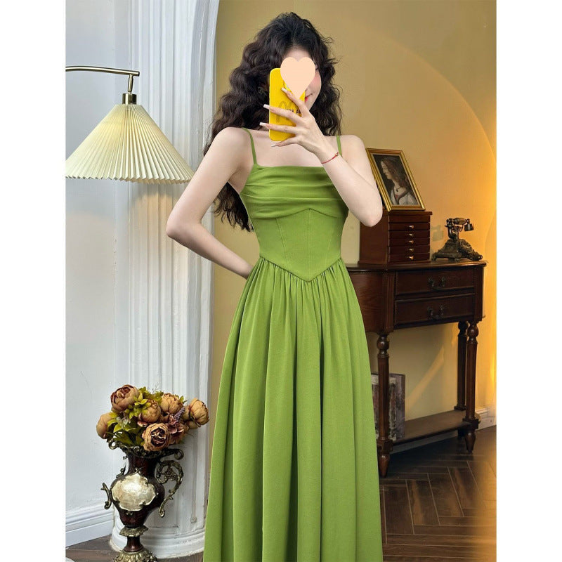 Green Off-Shoulder Waist-Cinching Maxi Dress | Spaghetti-Strap Ruched Fishtail Gown | Elegant Formal Evening Dress | Summer Wedding Guest Attire