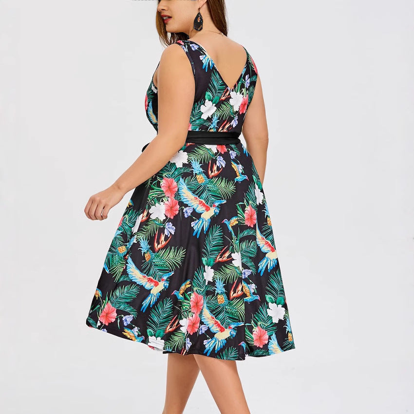 New Women's Sexy V-Neck Sleeveless Printed Dress — High-Waisted, Tie-Waist, Slimming Design — Chic Summer Mini Dress