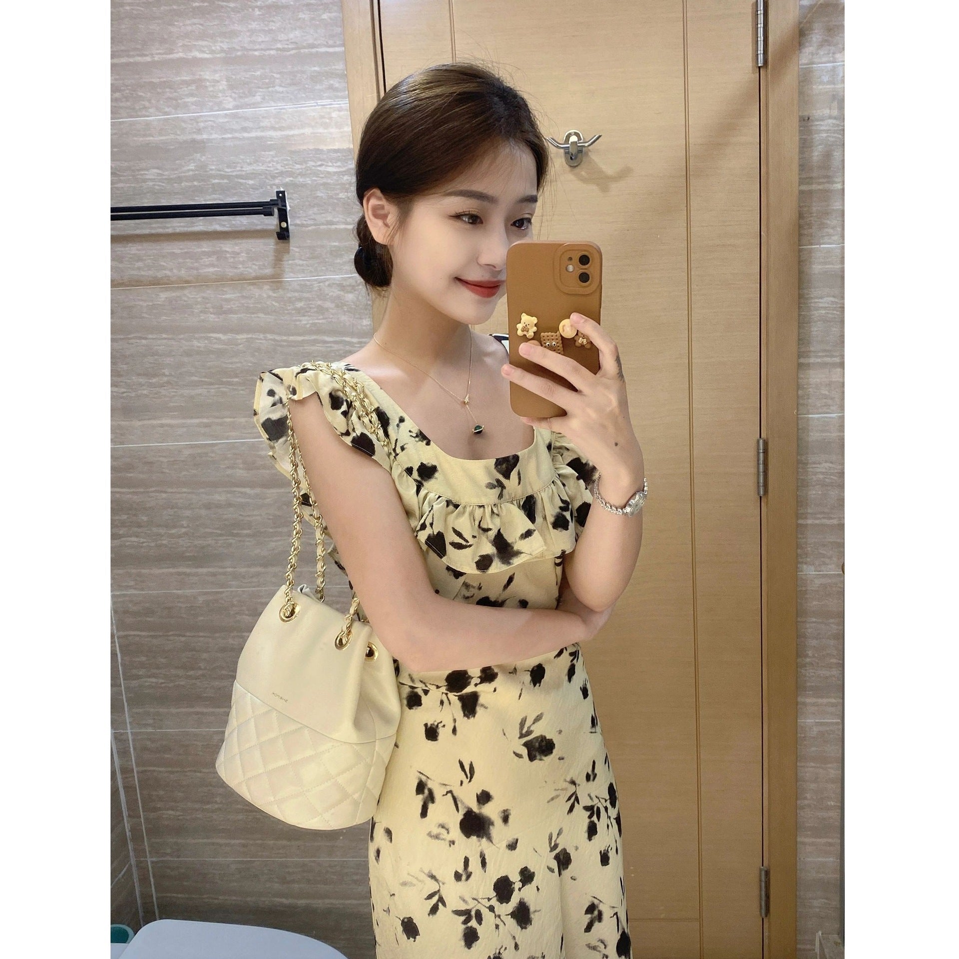 Women's Vintage-Chic Square-Neck Dress — Summer French-Style Tea Dress with Flutter Sleeves, Waist-Cinching Design, and Ditsy Floral Print