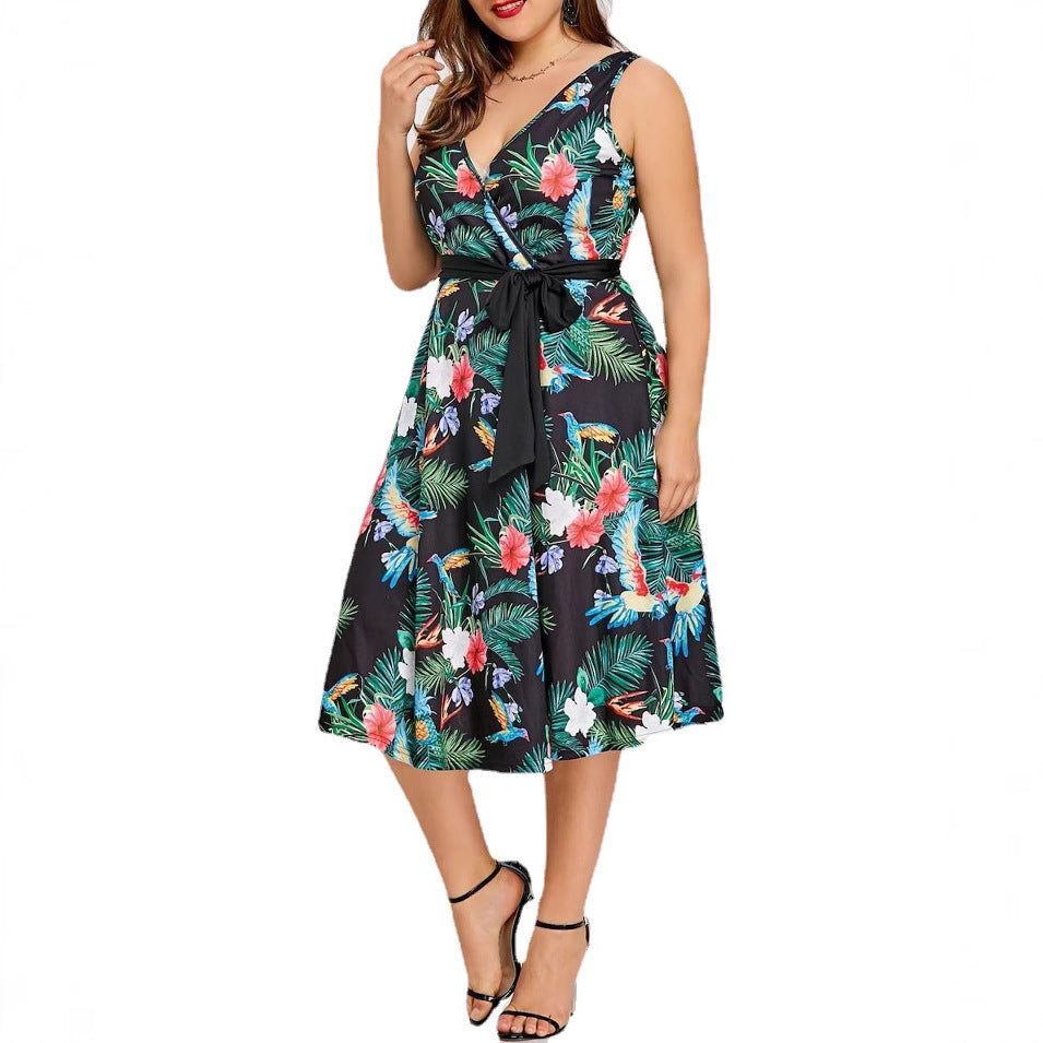 New Women's Sexy V-Neck Sleeveless Printed Dress — High-Waisted, Tie-Waist, Slimming Design — Chic Summer Mini Dress