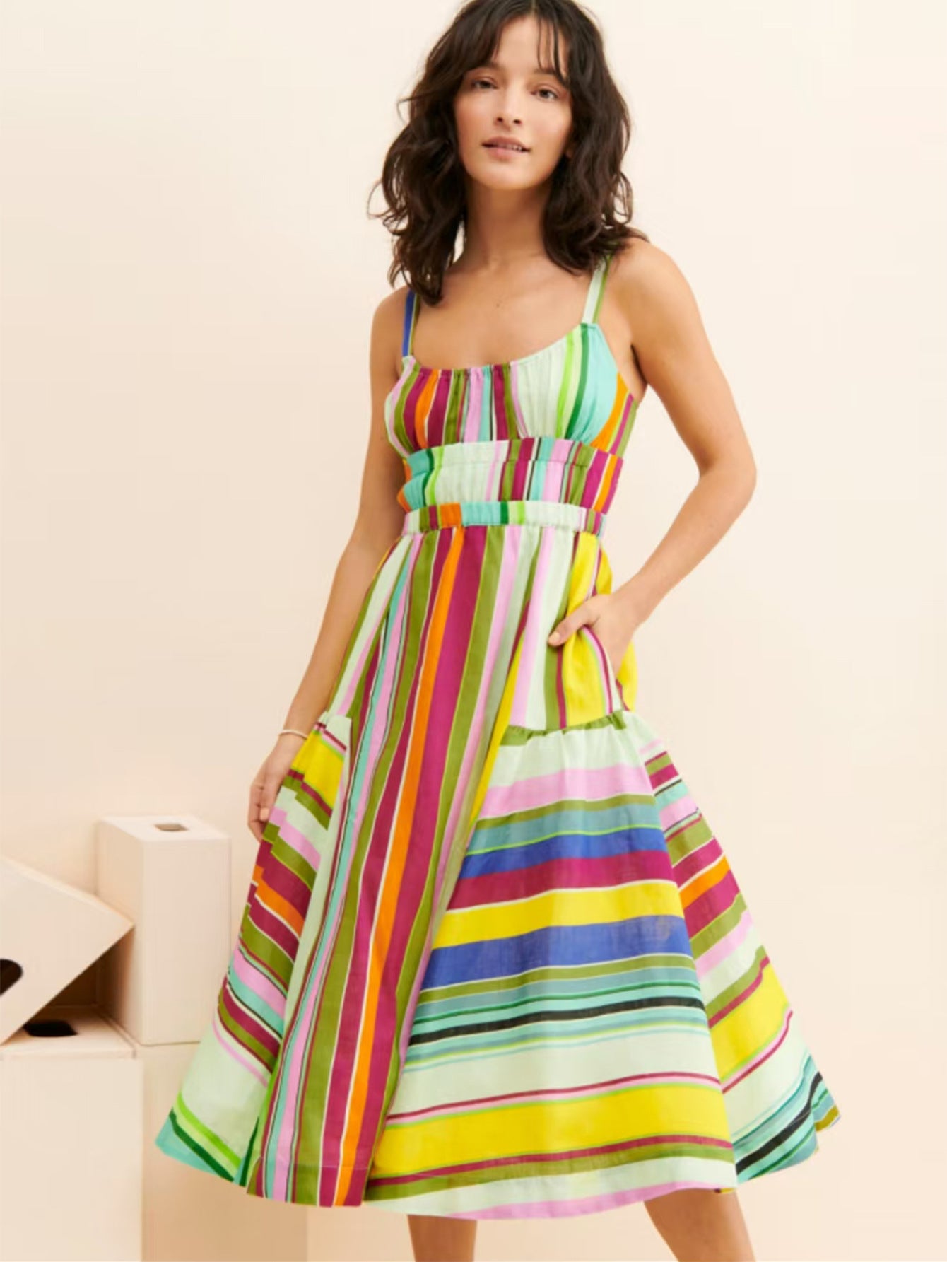 Women's Elegant Striped Sleeveless Maxi Dress – A-Line Silhouette, Floor-Length – Plus Size Washable Summer Casual