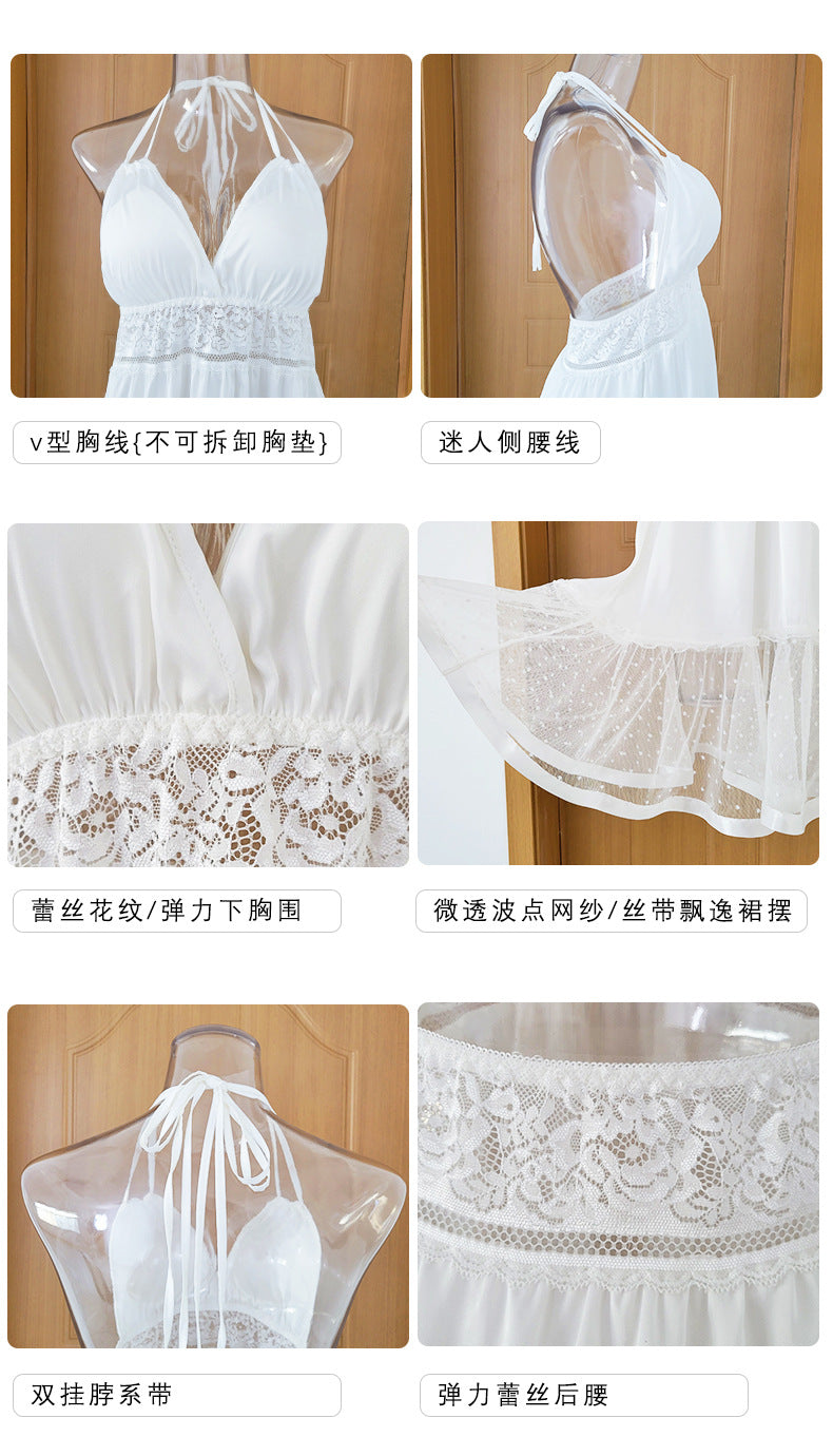 Mufei "Innocent Seduction" Style Dress — Women's Lace-Paneled Mesh Polka-Dot Dress featuring a Deep V-Neckline and Open Back; Perfect for Daily Wear or Parties.