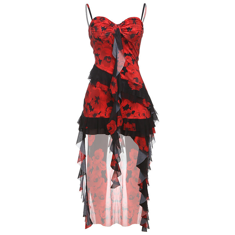 Romantic Retro Women's Dress — Black with Red Floral Lace Ruffles; an Elegant and Seductive Style featuring a Slim-Fit, Mesh-Paneled, Printed, and Trailing Silhouette with Spaghetti Straps.