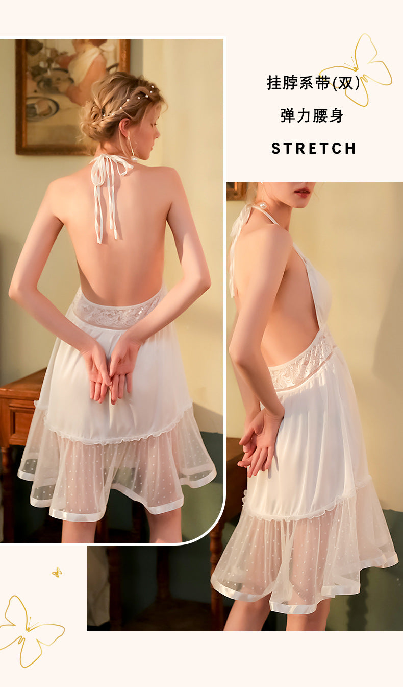 Mufei "Innocent Seduction" Style Dress — Women's Lace-Paneled Mesh Polka-Dot Dress featuring a Deep V-Neckline and Open Back; Perfect for Daily Wear or Parties.