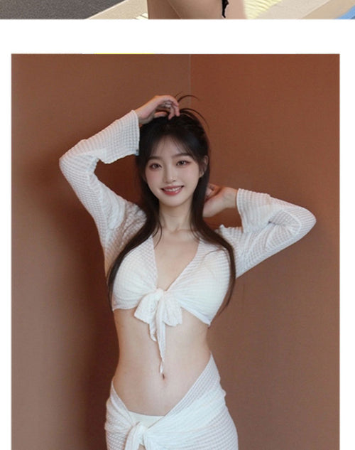 Early Spring New Arrival: Western-Style 3-Piece Swimsuit Set | Halter-Neck, Backless, Stretchy & Quick-Drying | Printed Kimono-Style Sun Protection Cover-Up | The Ultimate Seaside Vacation Photo Prop