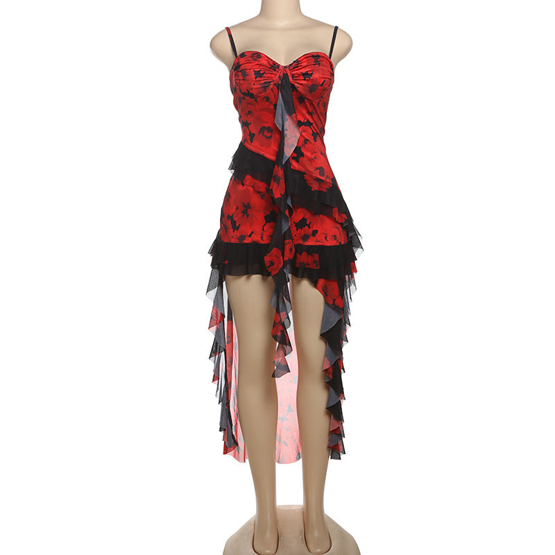 Romantic Retro Women's Dress — Black with Red Floral Lace Ruffles; an Elegant and Seductive Style featuring a Slim-Fit, Mesh-Paneled, Printed, and Trailing Silhouette with Spaghetti Straps.
