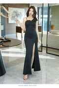Luxe Satin One-Shoulder Evening Gown – Fishtail Silhouette, High Leg Slit – Women's Formal Fishtail Maxi Dress