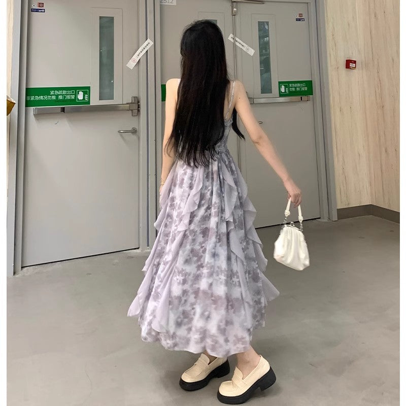 Premium Women's Summer Resort-Style Dress — Printed, Sexy Spaghetti-Strap Gown. Crafted from "Oil Painting" Floral Chiffon, it exudes an ethereal, fairy-like aura with a cool, sophisticated elegance.