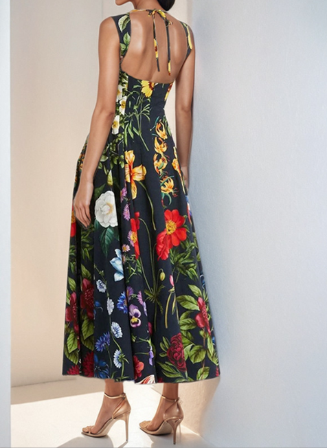 Women's Green Floral Backless Sleeveless Dress – High Quality Summer Casual – Vacation Party Bestseller