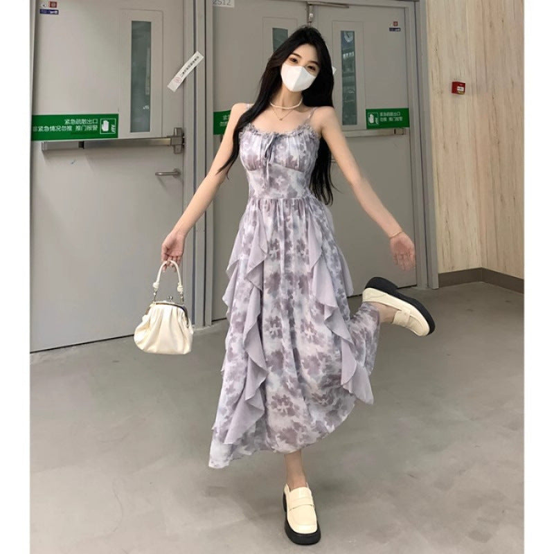 Premium Women's Summer Resort-Style Dress — Printed, Sexy Spaghetti-Strap Gown. Crafted from "Oil Painting" Floral Chiffon, it exudes an ethereal, fairy-like aura with a cool, sophisticated elegance.