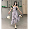 Premium Women's Summer Resort-Style Dress — Printed, Sexy Spaghetti-Strap Gown. Crafted from "Oil Painting" Floral Chiffon, it exudes an ethereal, fairy-like aura with a cool, sophisticated elegance.