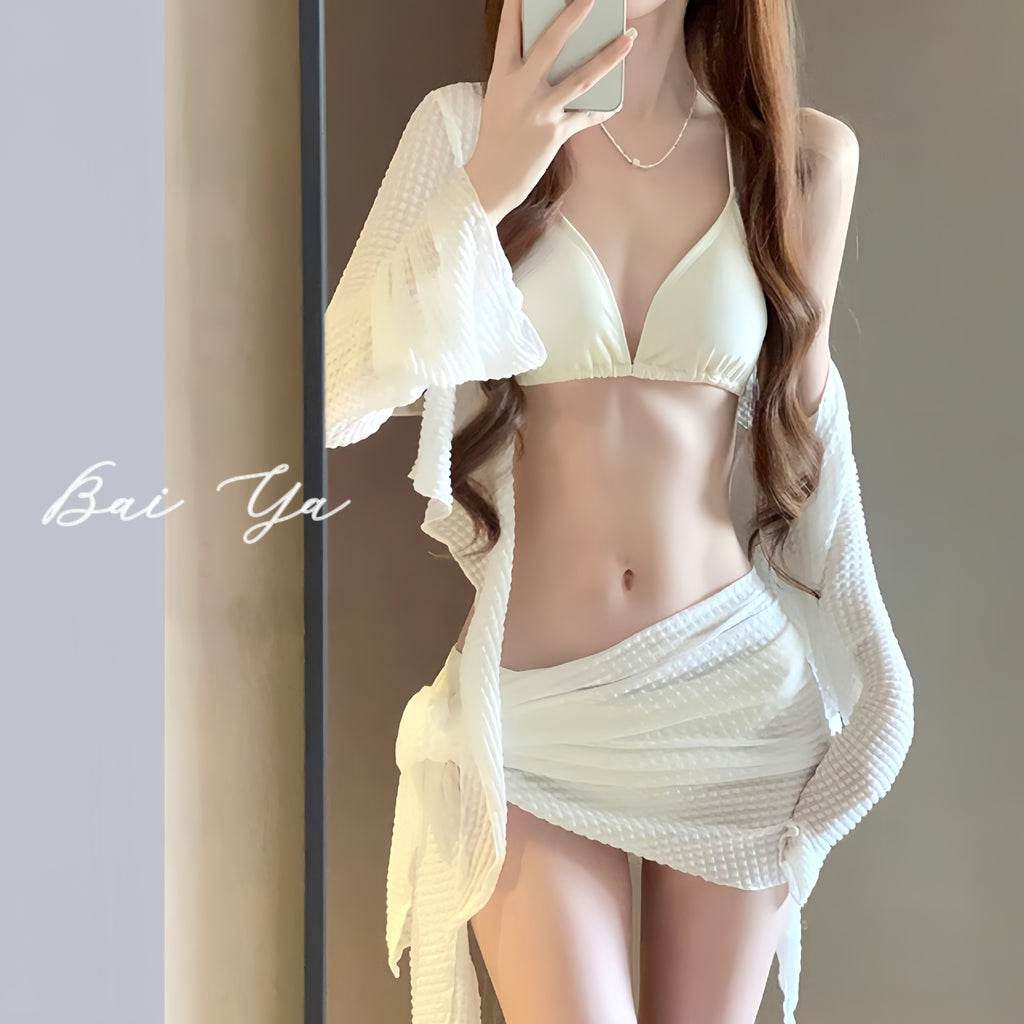 Early Spring New Arrival: Western-Style 3-Piece Swimsuit Set | Halter-Neck, Backless, Stretchy & Quick-Drying | Printed Kimono-Style Sun Protection Cover-Up | The Ultimate Seaside Vacation Photo Prop